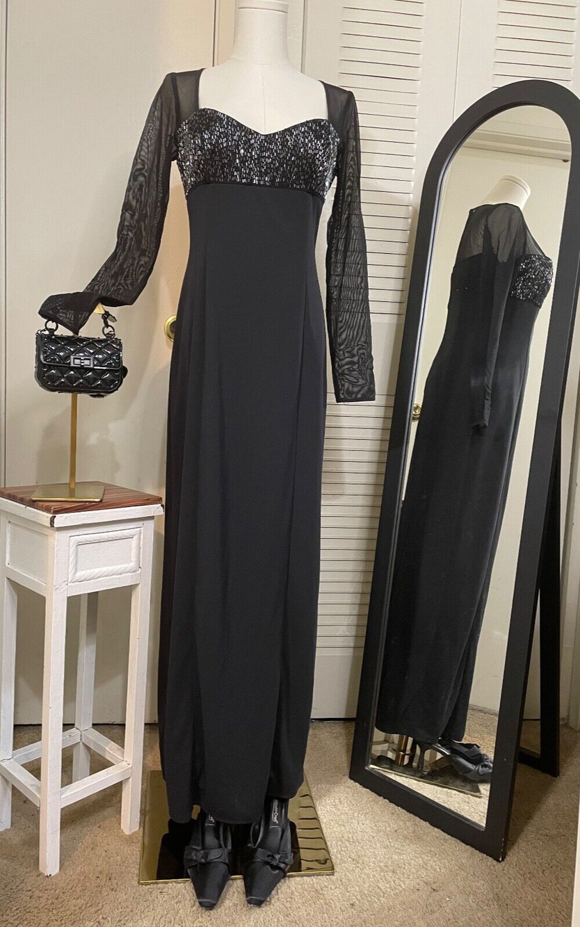 JS Boutique Dress Gown Black Beaded, Mesh Sleeves, W/Small Beaded Train- Size 8